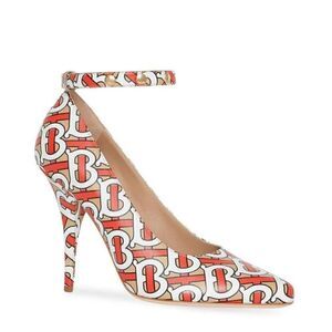$790 Burberry Women's Tan/Red/White Leather Tb Monogram Ankle Strap Pump